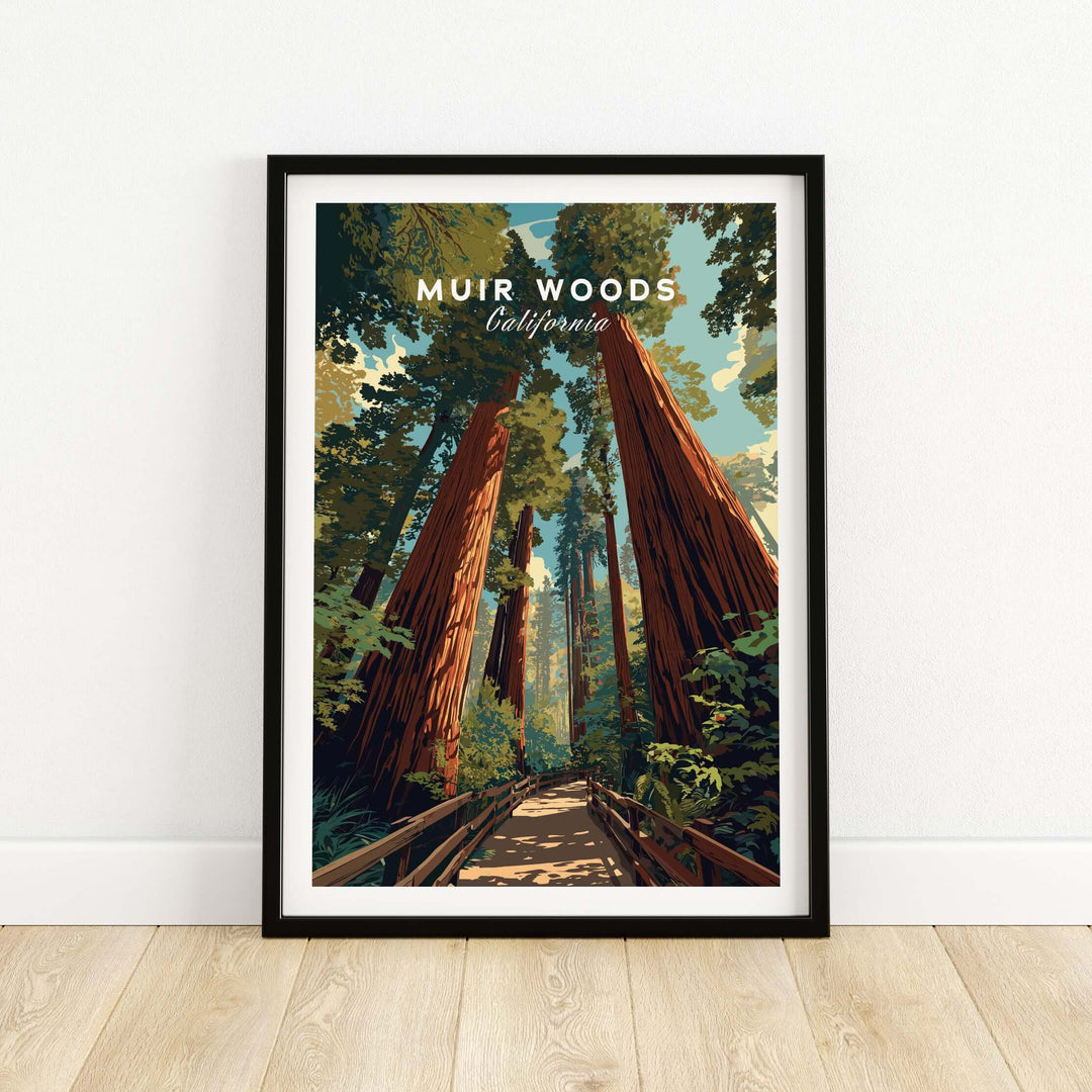 Framed print of Muir Woods, California showcasing majestic redwood trees and serene forest path.