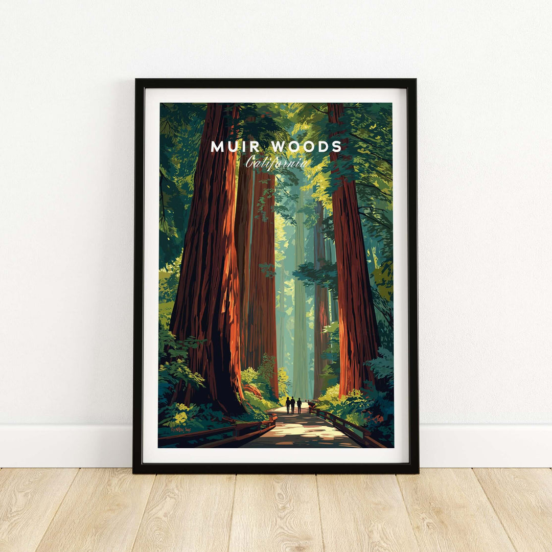 Muir Woods poster featuring towering redwoods and serene forest path, perfect for wall art enthusiasts.