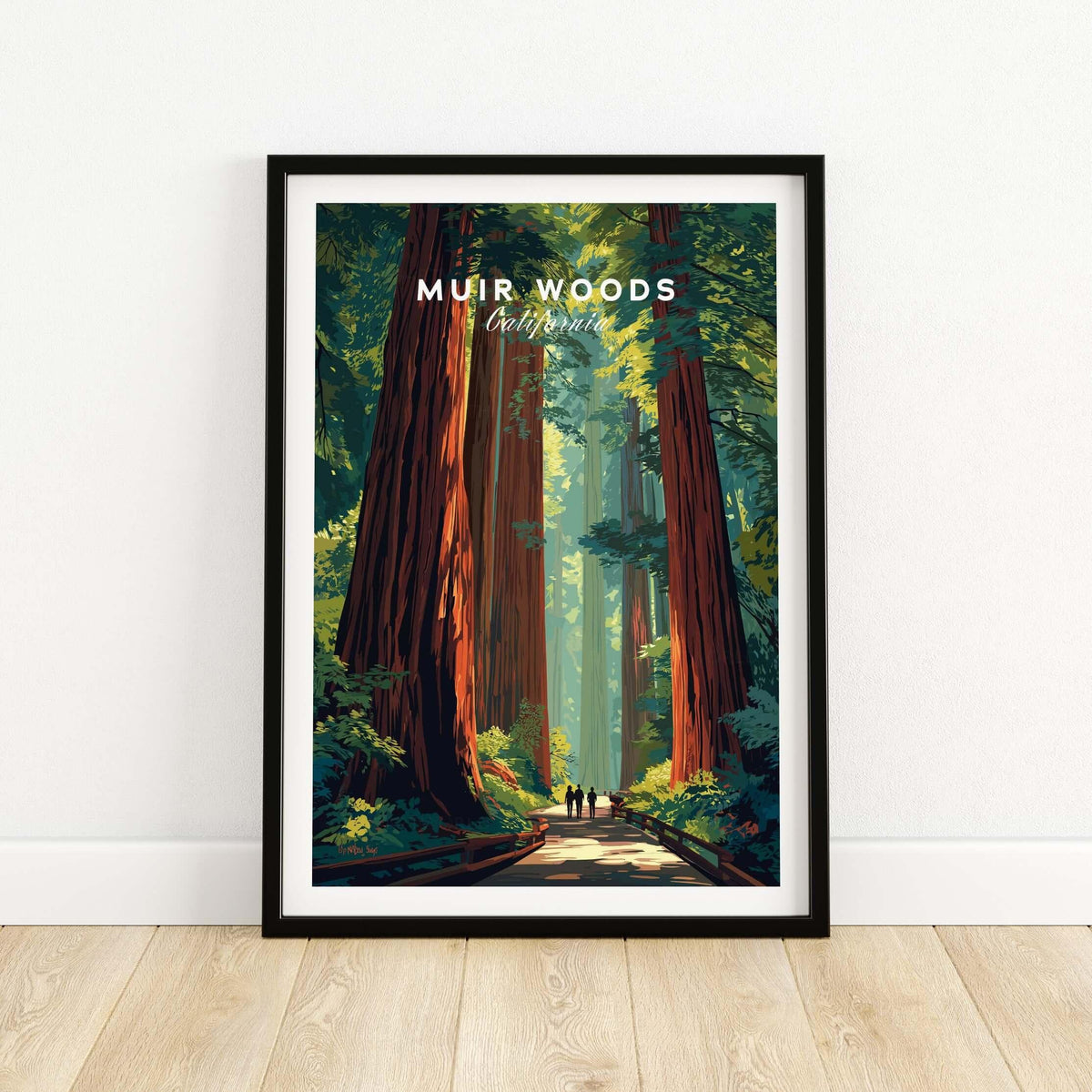 Muir Woods Poster California - Redwood Wall Art featuring towering redwood trees in a tranquil forest setting.