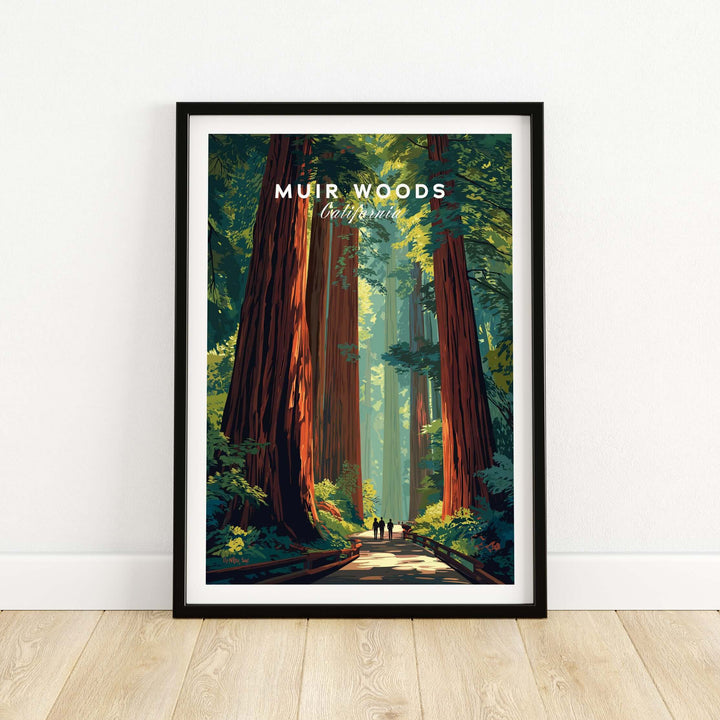Muir Woods poster featuring towering redwoods and serene forest path, perfect for wall art enthusiasts.