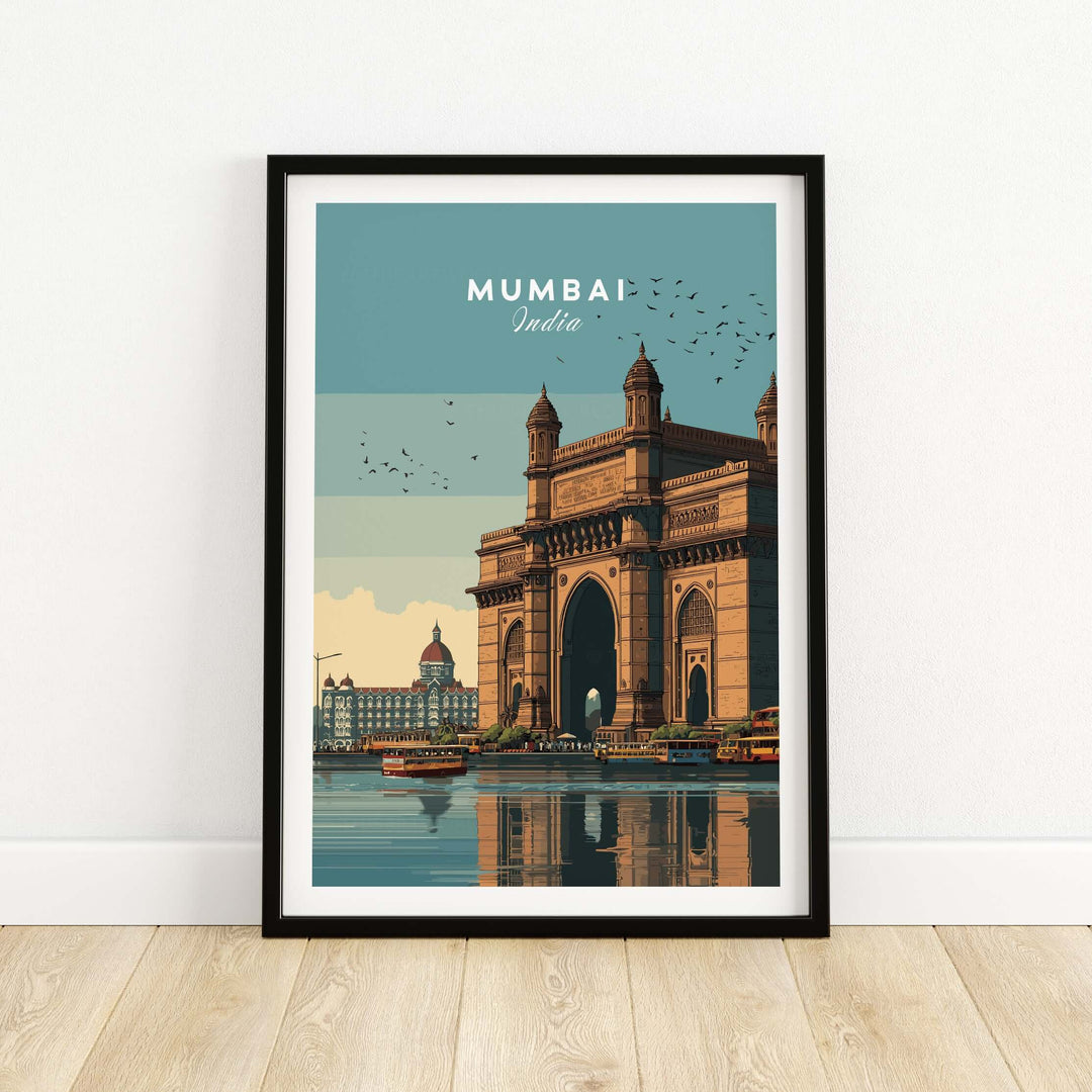 Mumbai Gateway of India waterfront print, vibrant cityscape travel poster featuring iconic architecture.