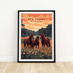 New Forest Print featuring horses in a beautiful landscape with flowers and trees, perfect for nature lovers.