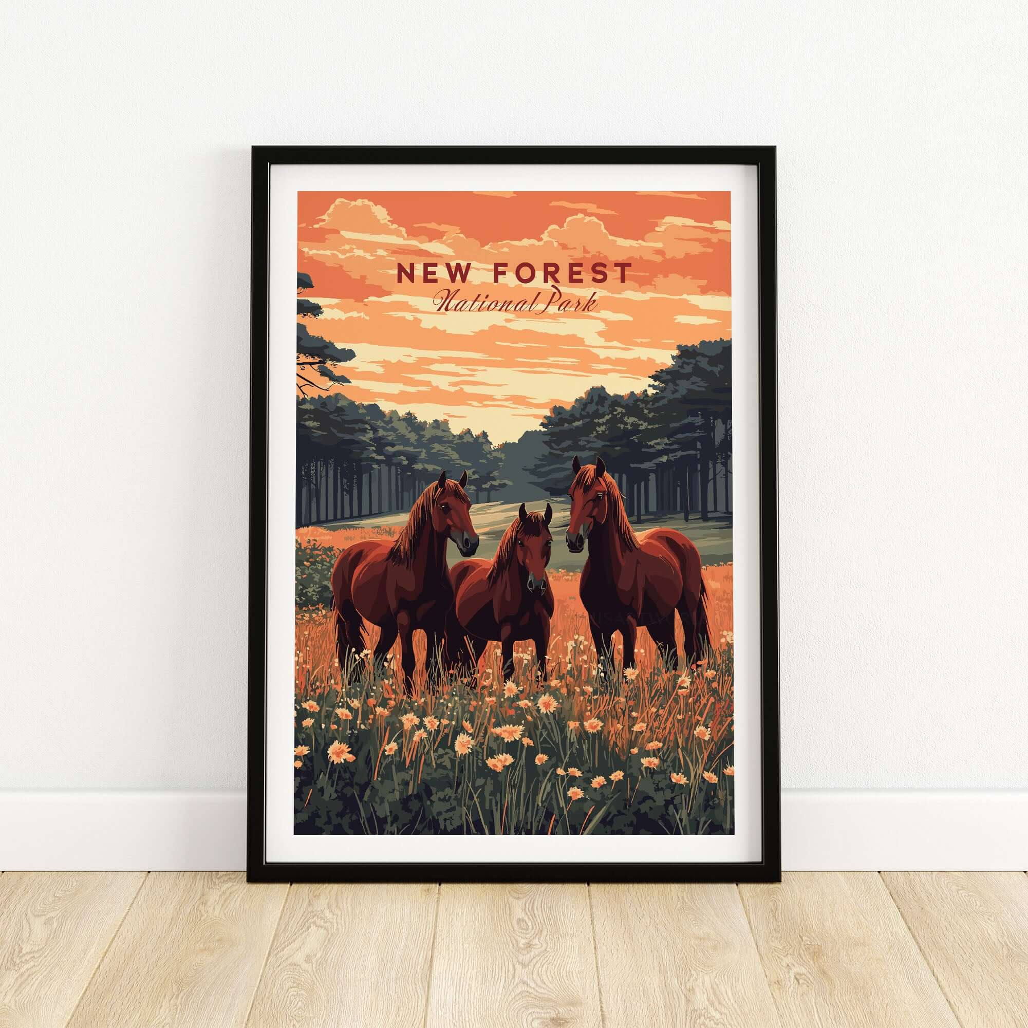 New Forest Print featuring horses in a beautiful landscape with flowers and trees, perfect for nature lovers.