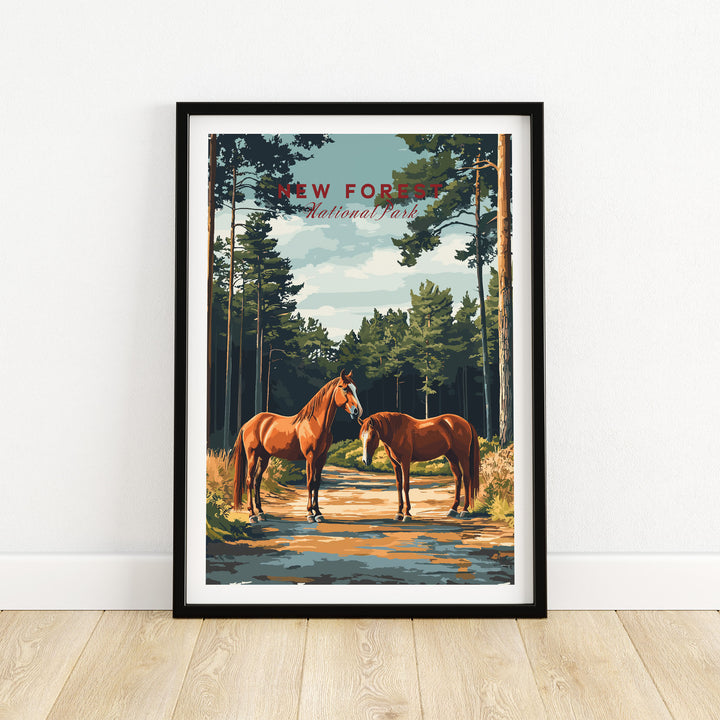 New Forest Print National Park poster featuring majestic horses and scenic landscapes, perfect for nature enthusiasts and adventurers.