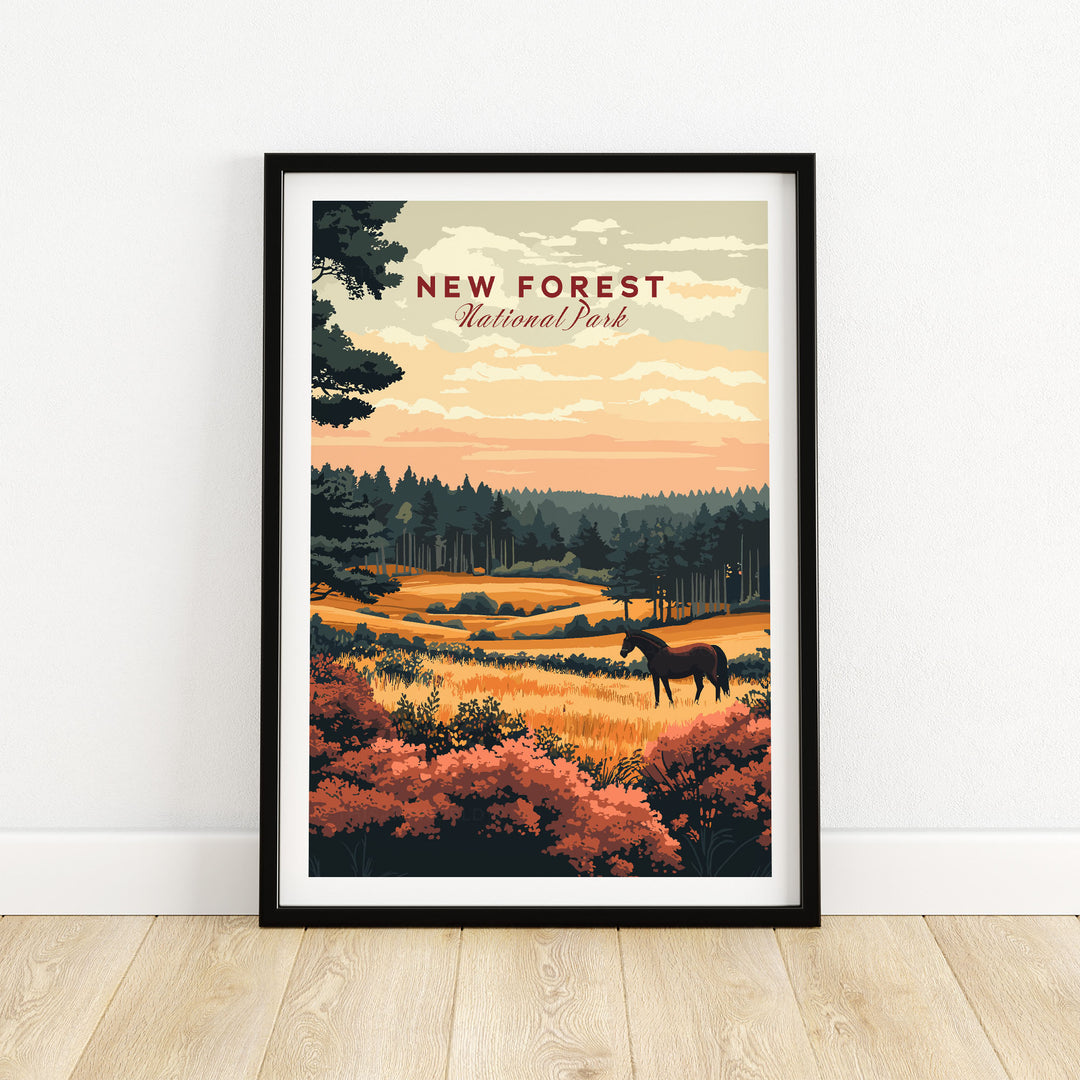 New Forest England National Park print showcasing a scenic landscape with trees, fields, and a horse under a colorful sky. Perfect for nature lovers.