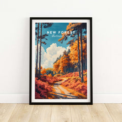 New Forest Travel Poster England showcasing a vibrant landscape of trees and path in autumn colors.