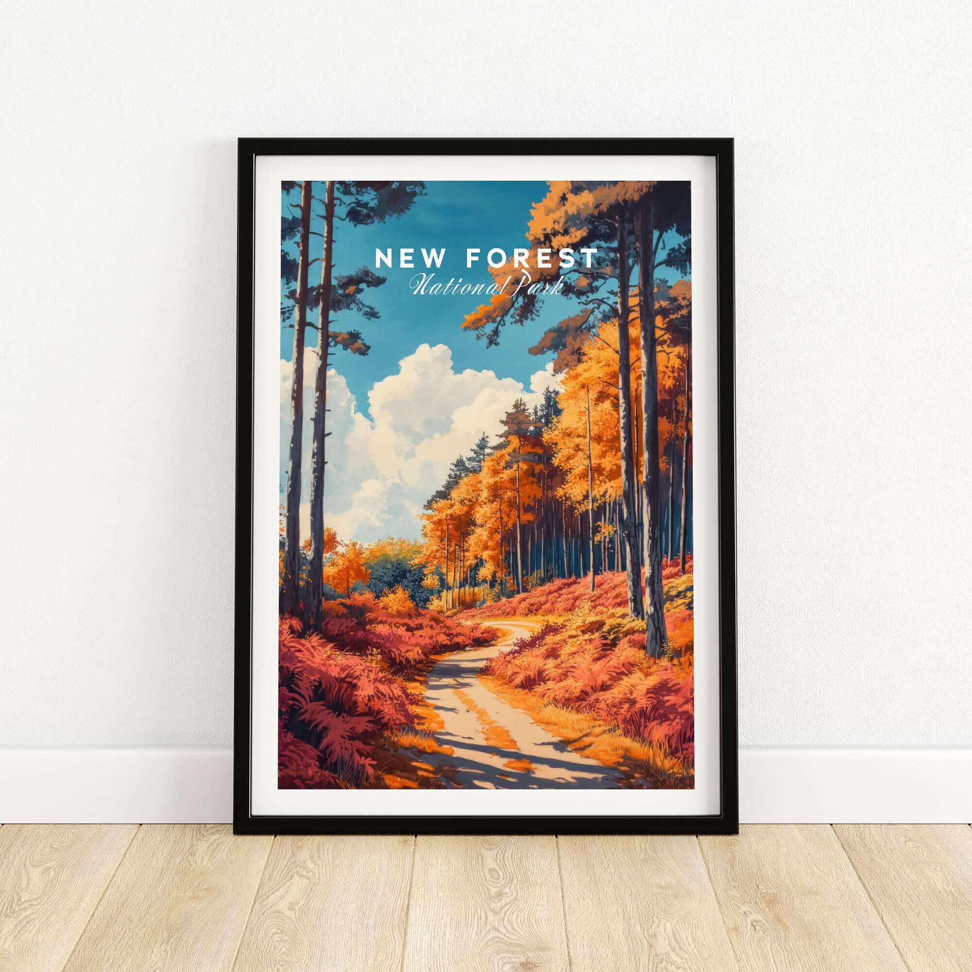 New Forest Travel Poster England showcasing a vibrant landscape of trees and path in autumn colors.