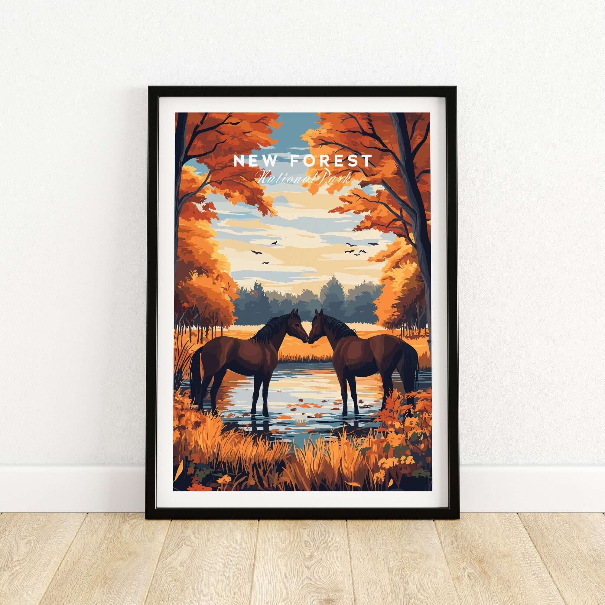 New Forest Wall Art Print featuring two horses by a serene lake surrounded by autumn trees.