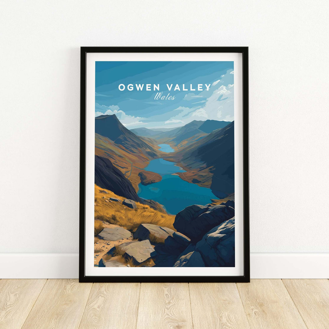 Ogwen Valley print depicting the landscape of Wales featuring mountains and lakes in a vibrant artistic style.