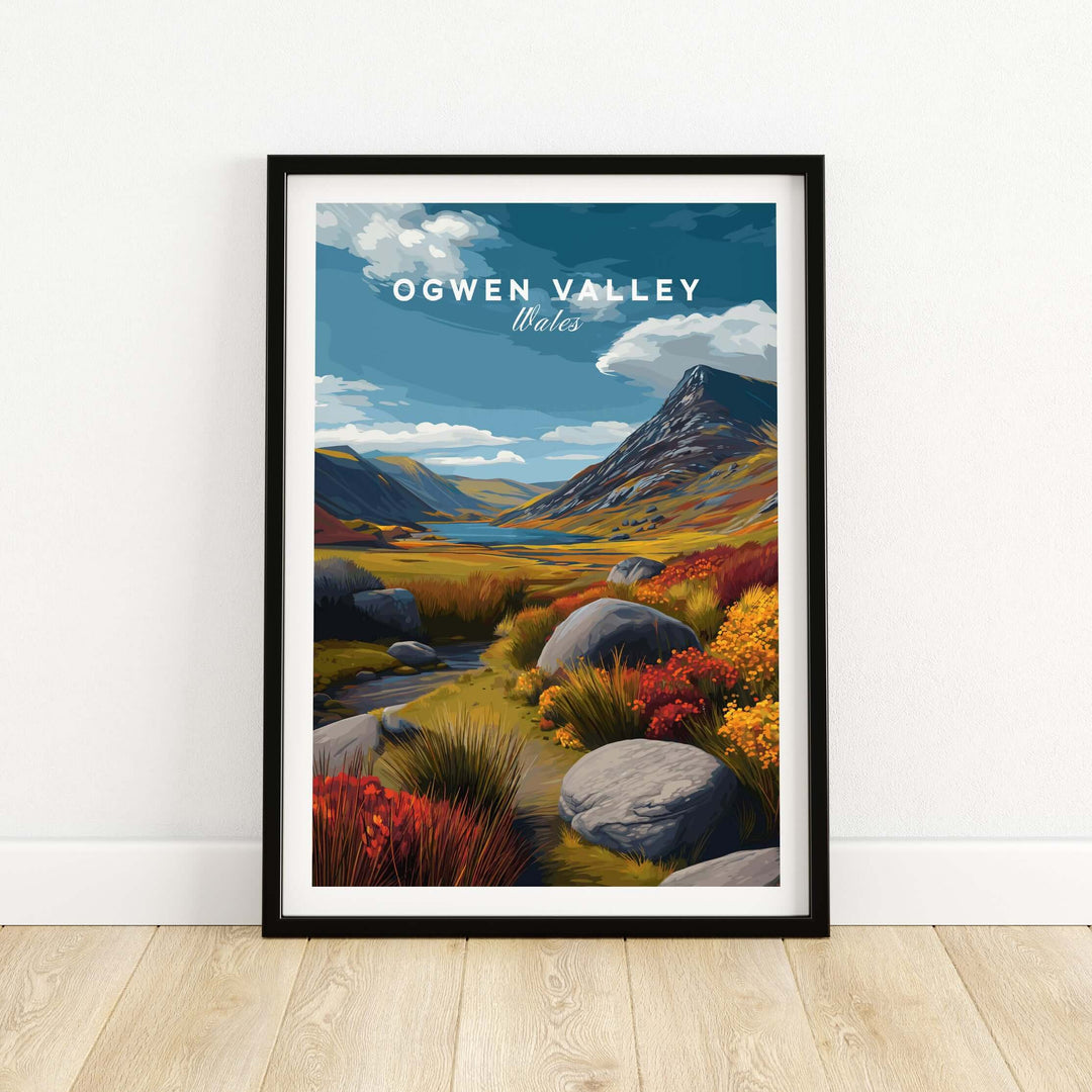 Ogwen Valley Wales landscape poster featuring a vibrant stream and mountains in a colorful highland setting.