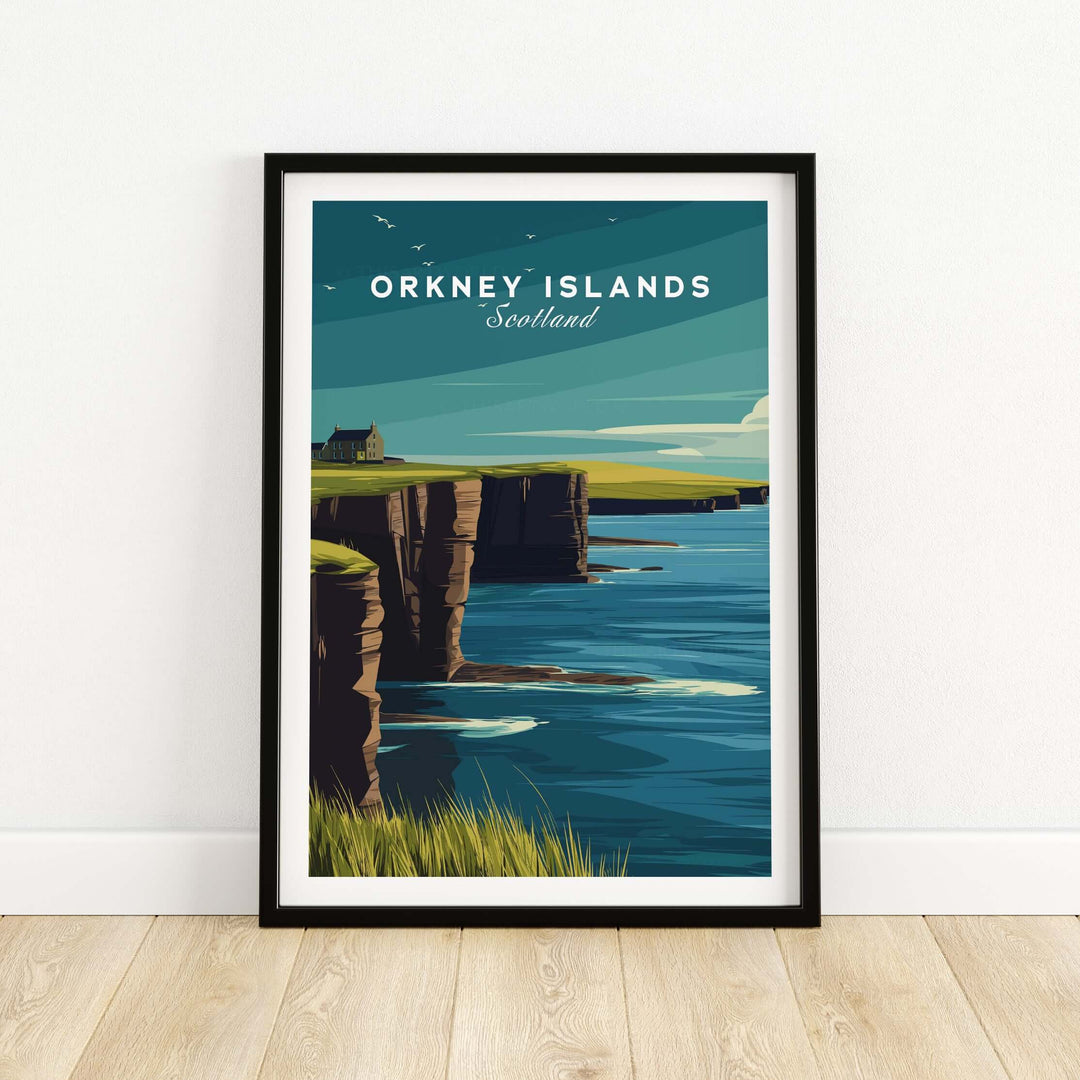 Orkney Islands Sea Cliffs Print showcasing dramatic coastal scenery of Scotland, framed in a modern setting.