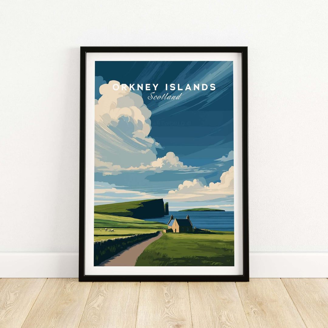 Orkney Islands Coastal Cottage Print showcasing green hills and serene sky, perfect for a calm home decor.