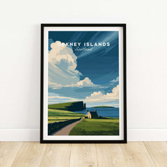 Orkney Islands Coastal Cottage Print - Green Hills Scotland Poster featuring a scenic landscape and a cottage.