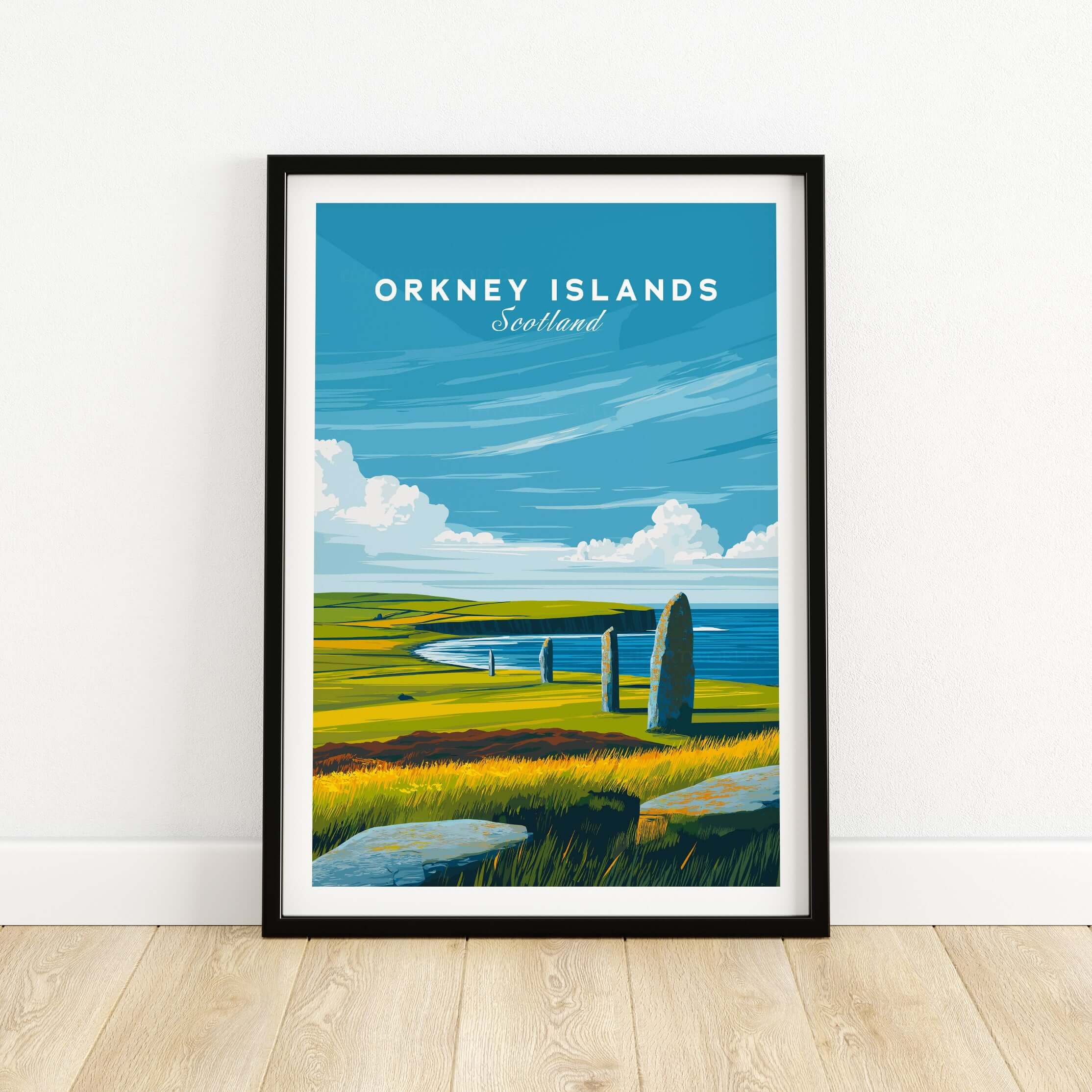Orkney Islands Standing Stones Print - Scotland Ancient Landmark Wall Art showcasing prehistoric stones and vibrant landscape.