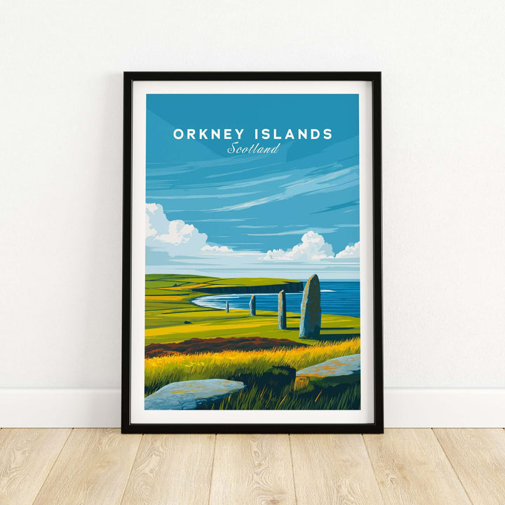 Orkney Islands Standing Stones print featuring prehistoric stones and scenic landscape, showcasing Scotland's ancient heritage.