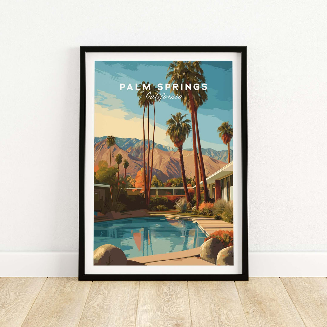 Palm Springs Mid-Century Modern home poster with pool and palm trees, showcasing desert scenery and California elegance.