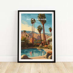 Palm Springs California Mid-Century Modern Home Poster - Desert City Wall Art featuring palm trees and a swimming pool.