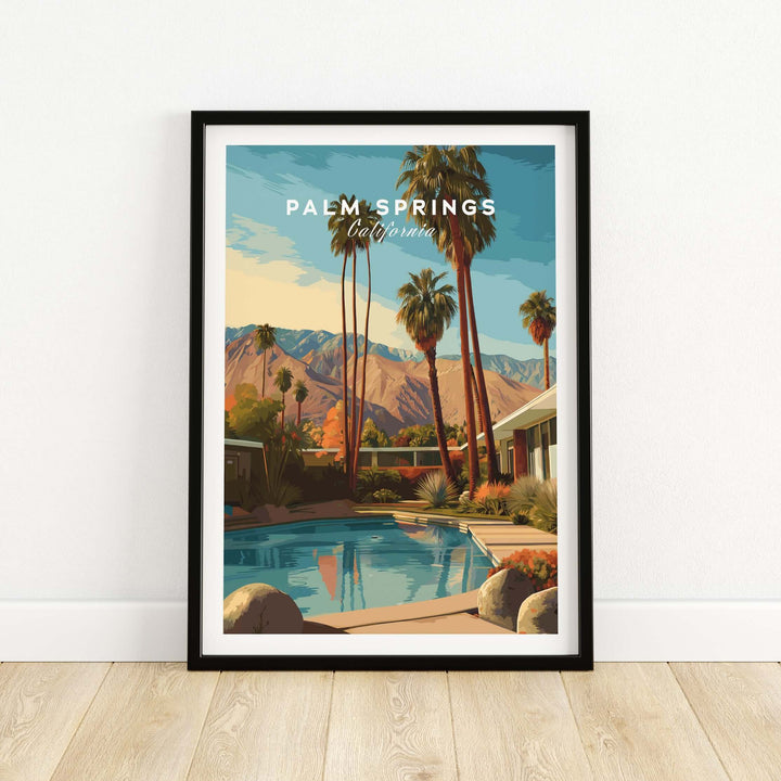 Palm Springs Mid-Century Modern home poster with pool and palm trees, showcasing desert scenery and California elegance.