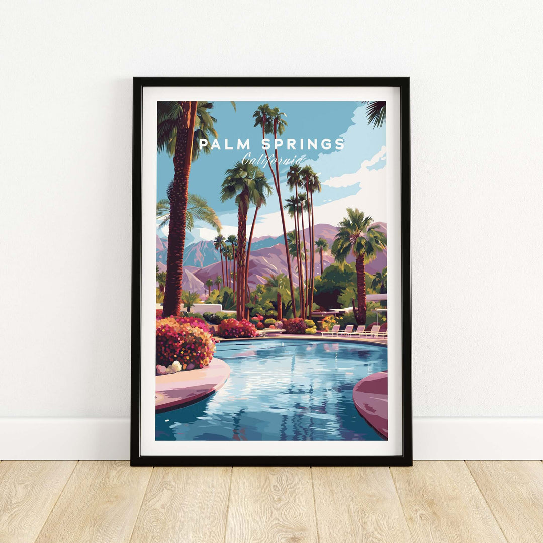 Palm Springs California tropical poolside print showcasing a serene pool and lush mountains in stylish wall art.