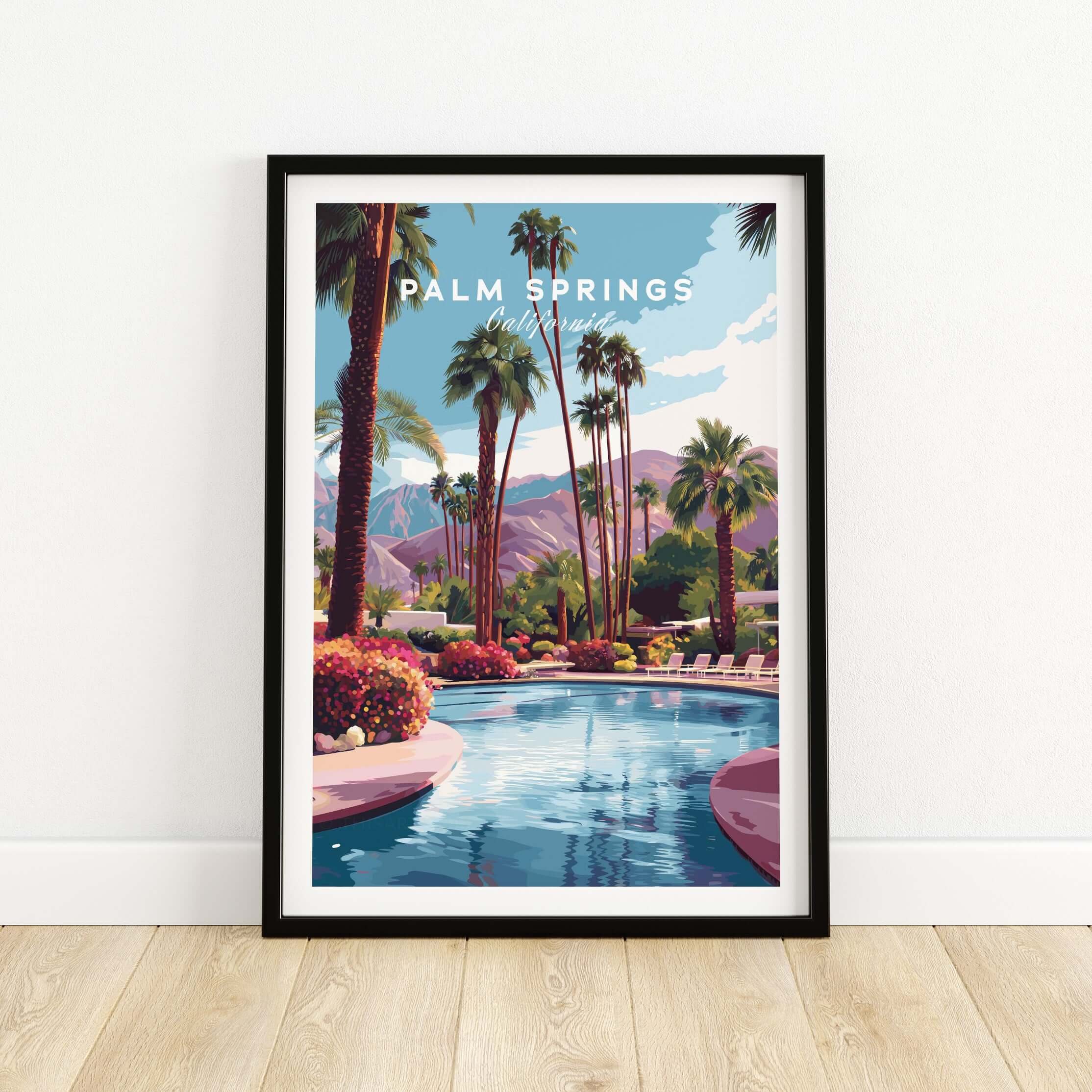 Palm Springs California Tropical Poolside Print - Mountain Landscape Wall Art featuring a serene pool and vibrant palm trees.