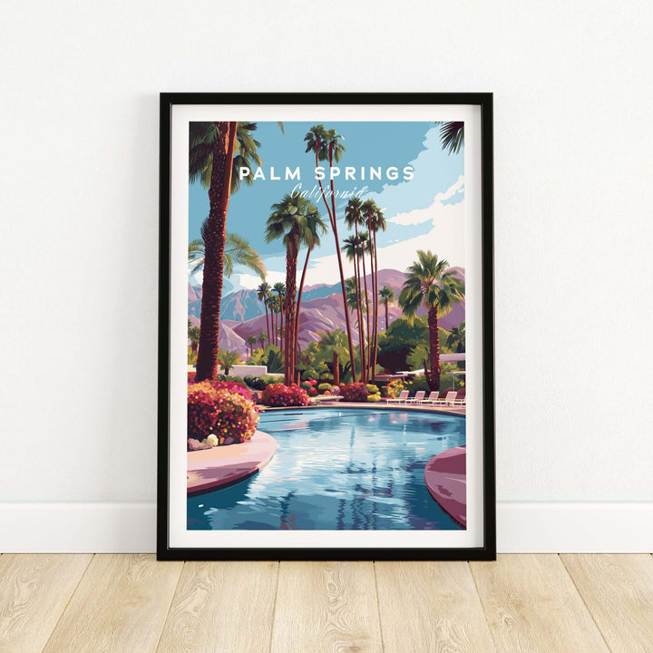 Palm Springs California tropical poolside print showcasing a serene pool and lush mountains in stylish wall art.