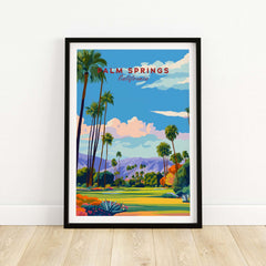 Palm Springs Golf Course Poster - California Desert Mountain View Print framed on wall showcasing palm trees and mountains.