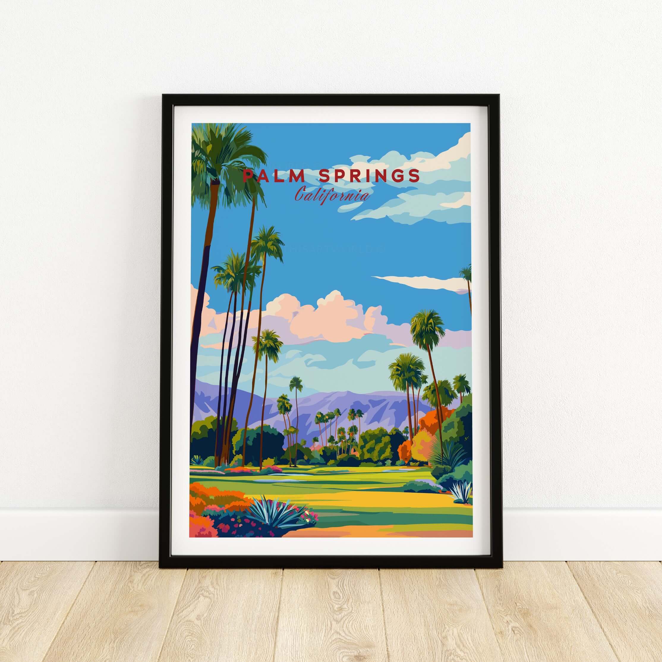 Palm Springs Golf Course Poster - California Desert Mountain View Print framed on wall showcasing palm trees and mountains.
