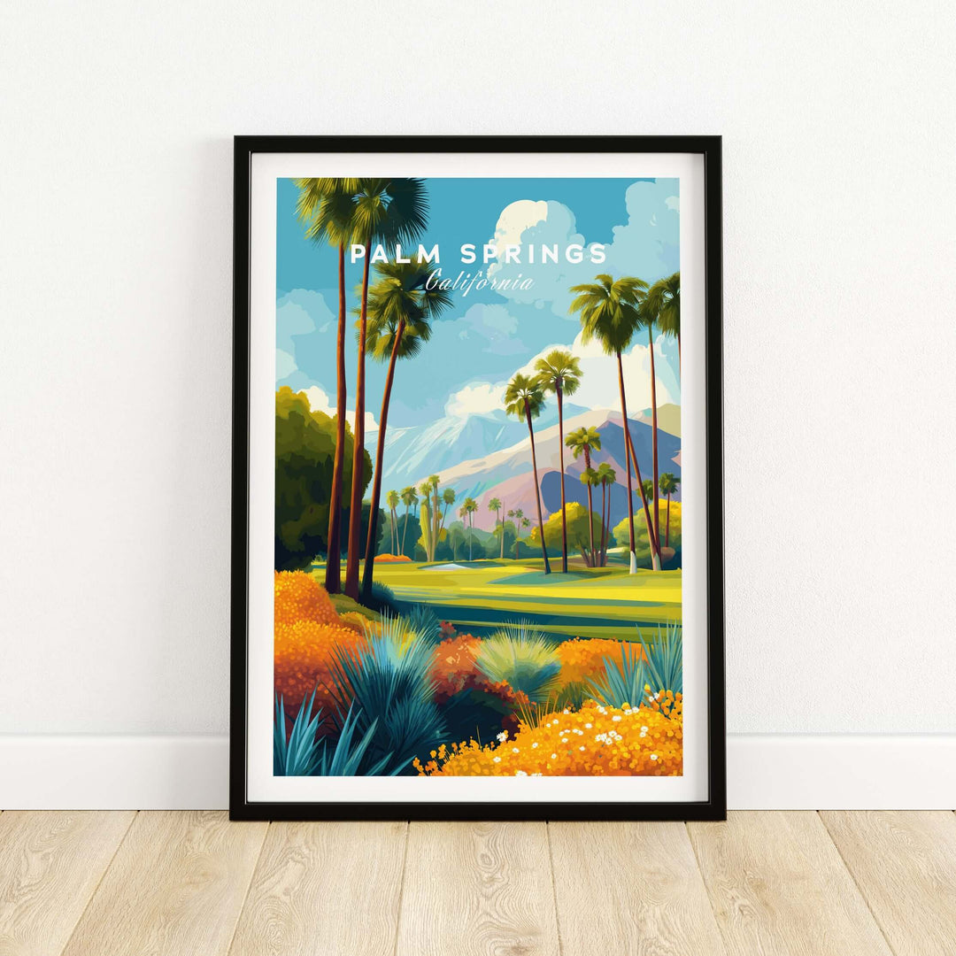 Palm Springs California golf course print featuring desert landscape and mountains in vibrant colors.