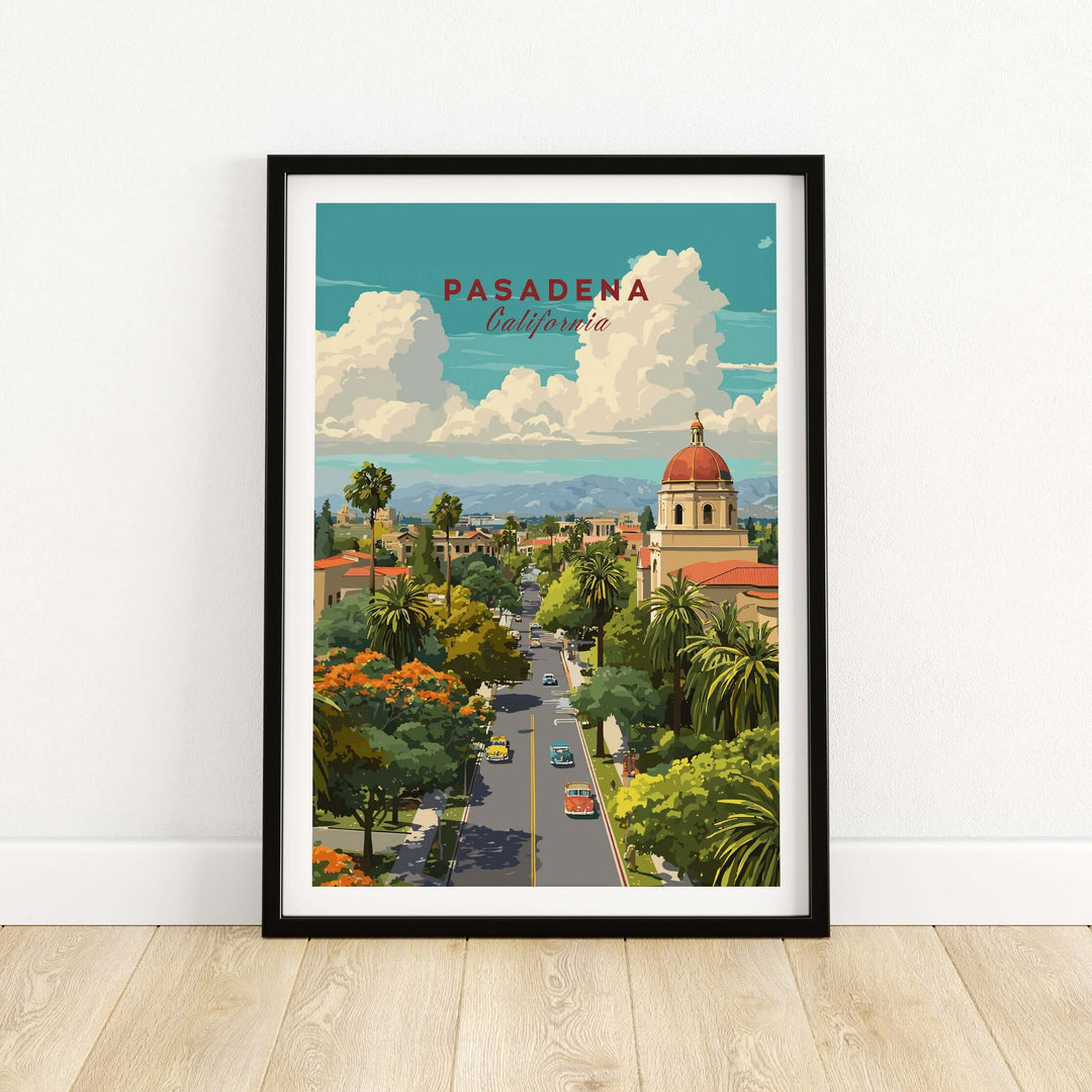 Pasadena cityscape poster showcasing vibrant street views and iconic landmarks of California.