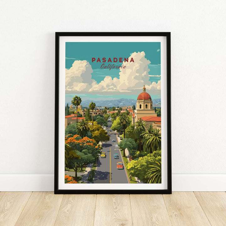 Pasadena cityscape poster showcasing vibrant street views and iconic landmarks of California.