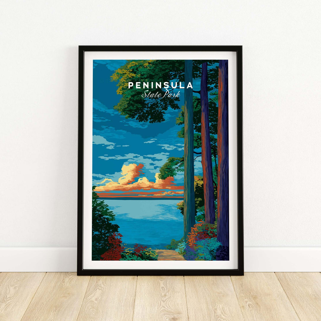 Peninsula State Park sunset poster featuring a serene forest path and Lake Michigan, ideal for nature lovers.