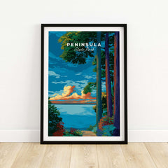 Peninsula State Park Wisconsin Forest Path Sunset Poster - Lake Michigan Wall Art framed poster with serene sunset view.