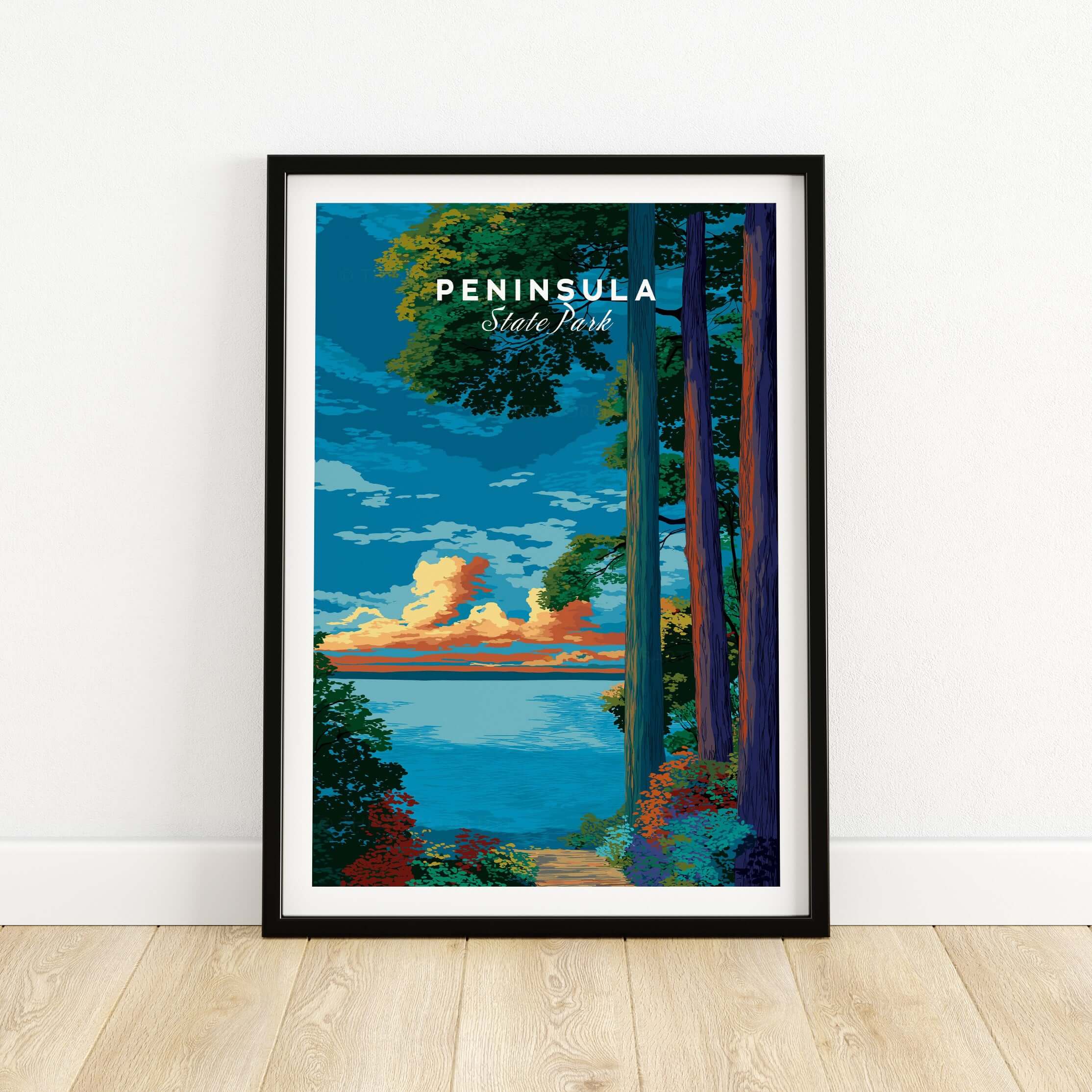 Peninsula State Park Wisconsin Forest Path Sunset Poster - Lake Michigan Wall Art framed poster with serene sunset view.