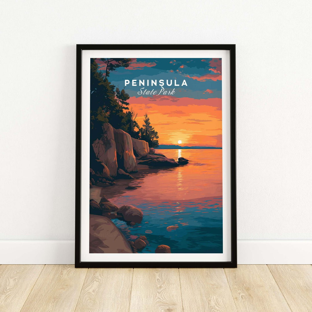 Peninsula State Park sunset print showcasing Wisconsin's rocky shoreline with vibrant colors and serene water reflections.