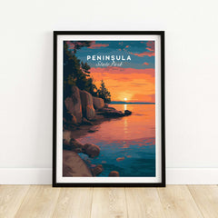 Peninsula State Park Sunset Print - Wisconsin Rocky Shoreline Wall Art showcasing a serene sunset over a rocky shoreline.