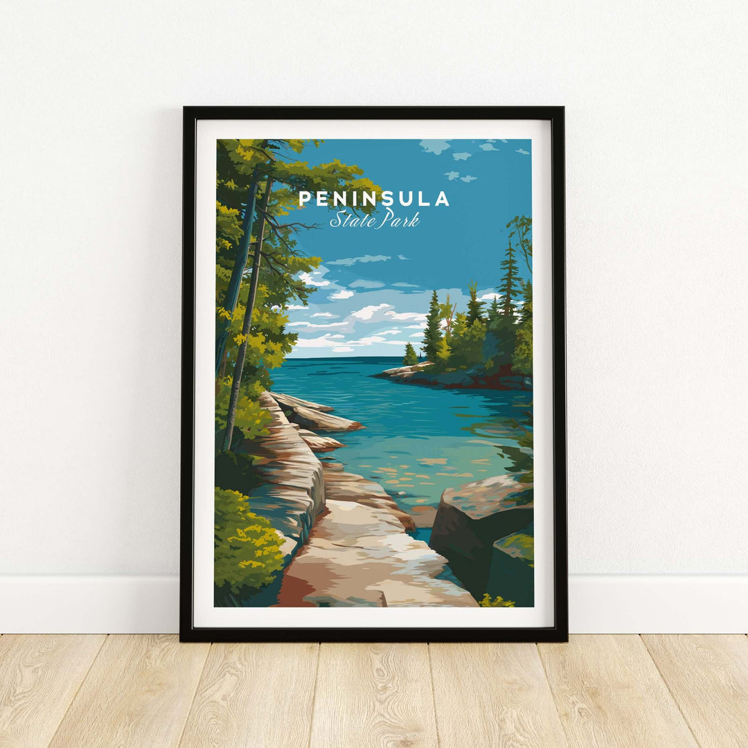 Peninsula State Park Rocky Coastline Print showcasing Wisconsin's natural beauty with serene coastal atmosphere.