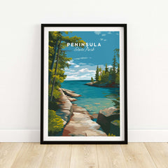 Peninsula State Park Wisconsin Rocky Coastline Print - Green Bay Scenic Poster showcasing serene coastal landscape.