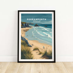 Perranporth Cornwall Sandy Beach Dunes Print - Cornish Coastal Wall Art displayed in a black frame on a wooden floor.