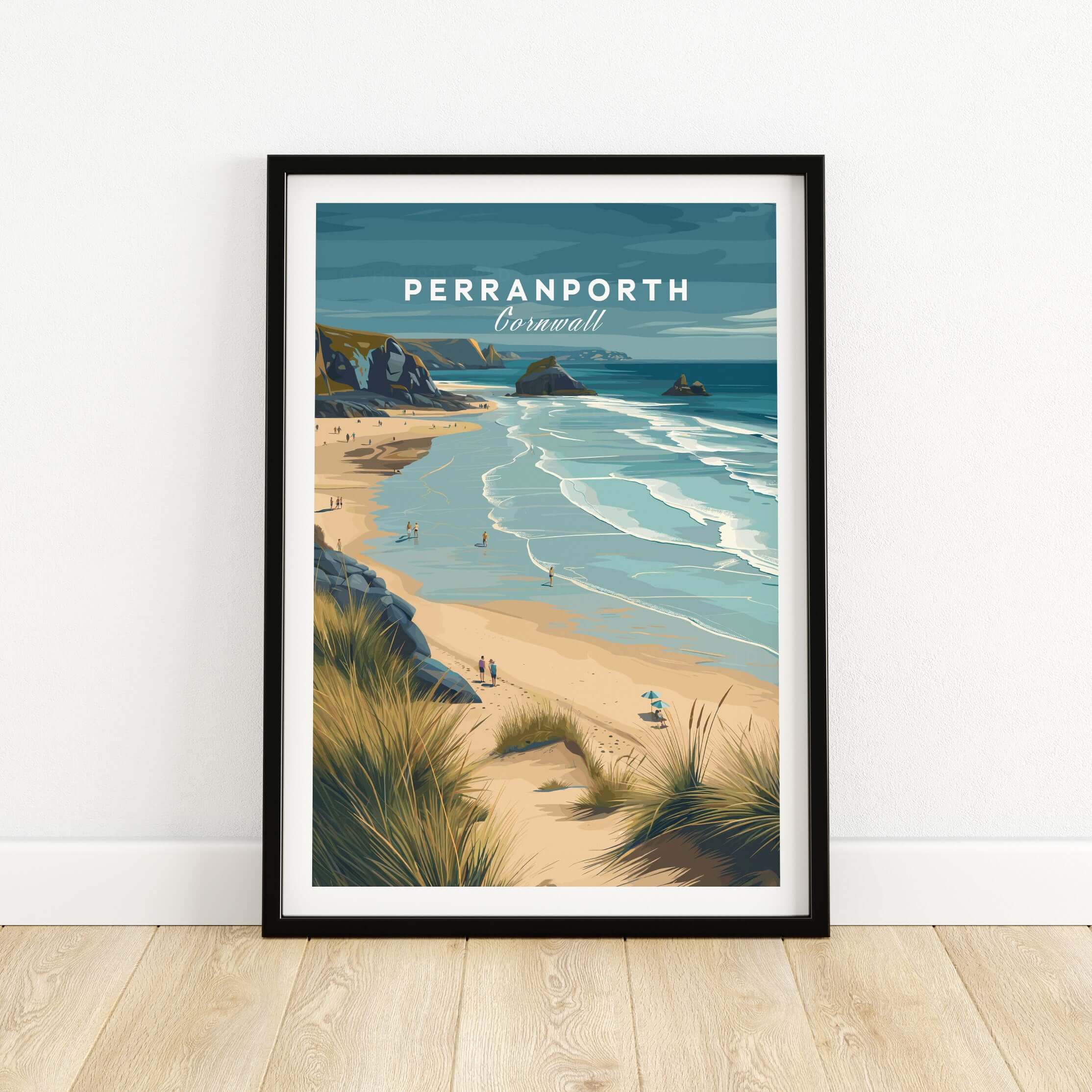 Perranporth Cornwall Sandy Beach Dunes Print - Cornish Coastal Wall Art displayed in a black frame on a wooden floor.