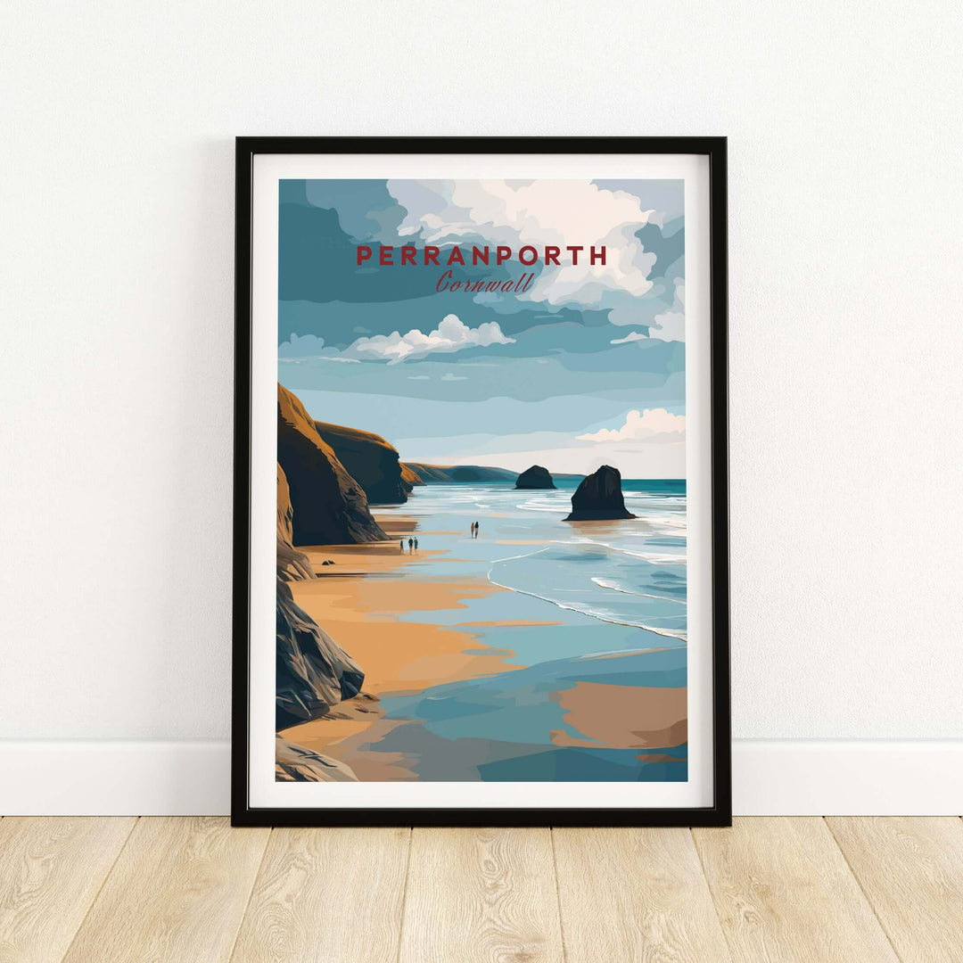 Perranporth low tide beach poster showcasing dramatic clouds and serene shoreline, ideal for coastal decor.