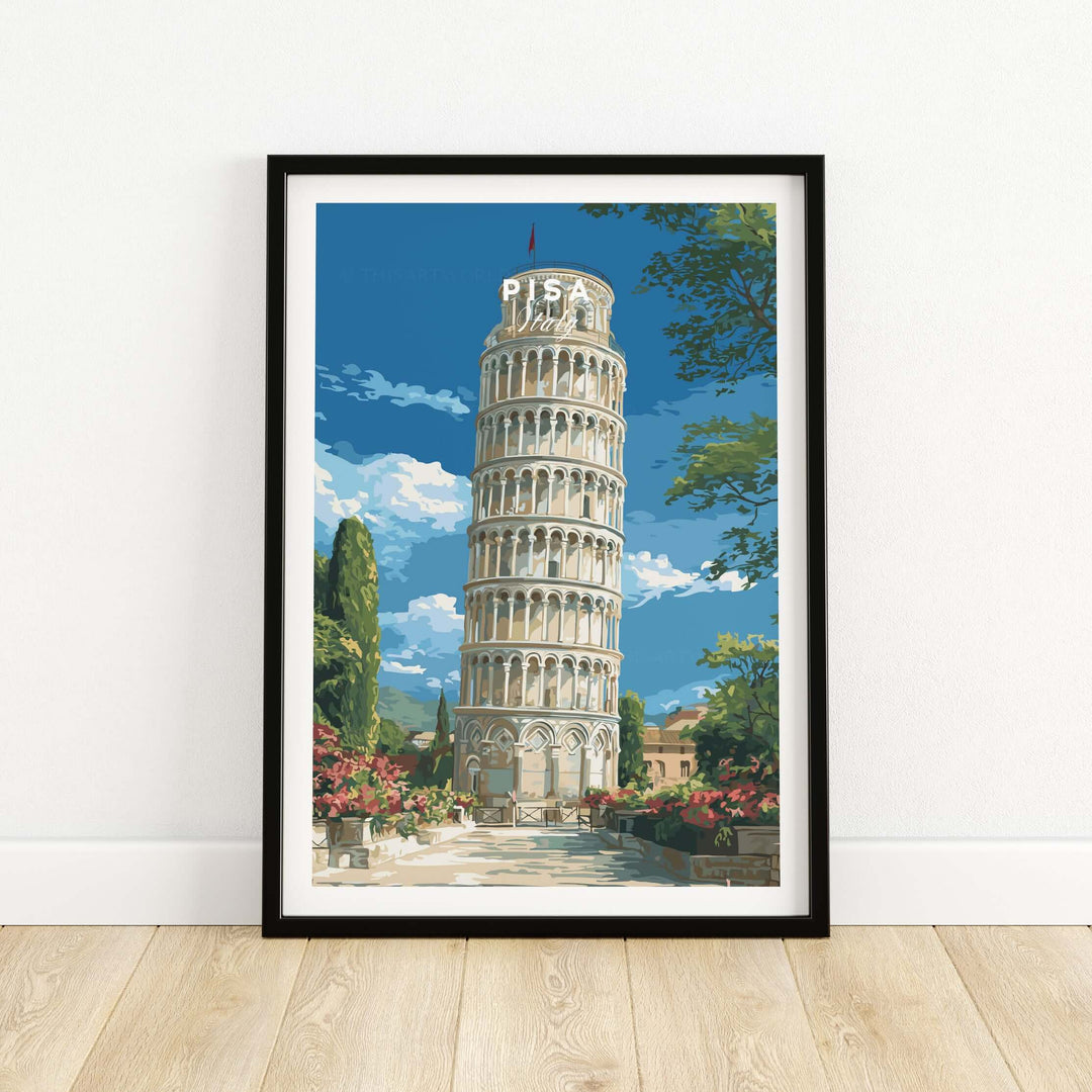 Leaning Tower of Pisa print in a stylish frame, showcasing Italy's iconic landmark with vibrant colors.