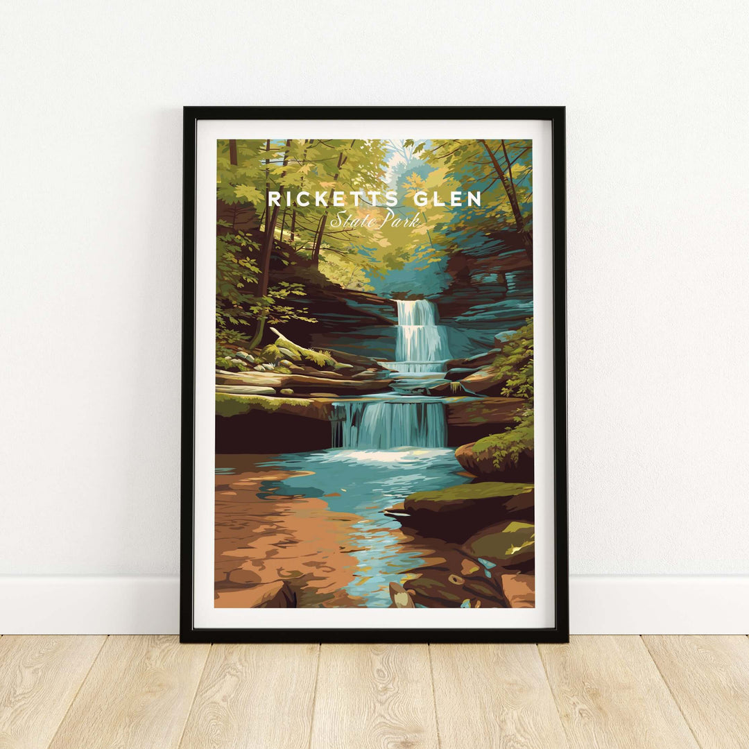 Ricketts Glen State Park waterfall landscape print, showcasing serene Pennsylvania nature and tranquil decor.