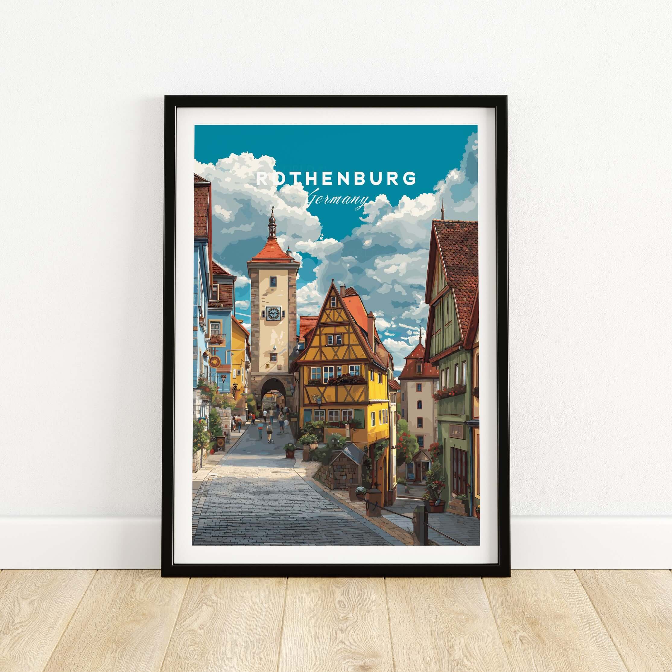 Rothenburg Poster Germany Travel Print featuring medieval architecture and picturesque streets in a vibrant art style.