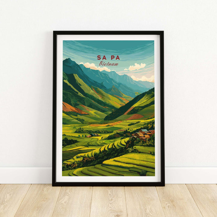Sa Pa Vietnam poster featuring vibrant rice terraces and green mountains, perfect for wall art.