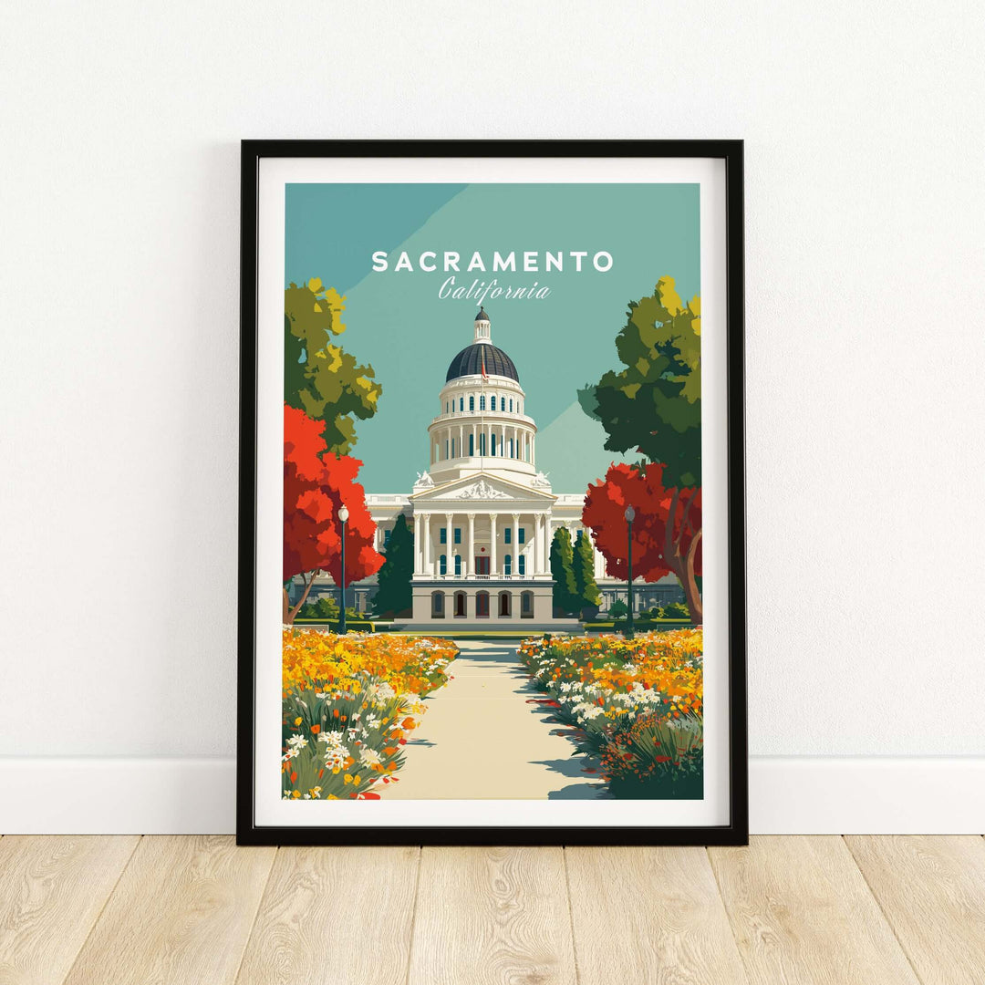 Sacramento California State Capitol Building print showcasing vibrant architecture and colorful gardens.