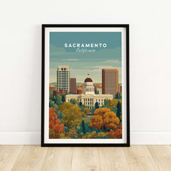 Sacramento California Skyline & Capitol Print - Urban Landscape Wall Art showcasing the city's iconic buildings and vibrant surroundings.