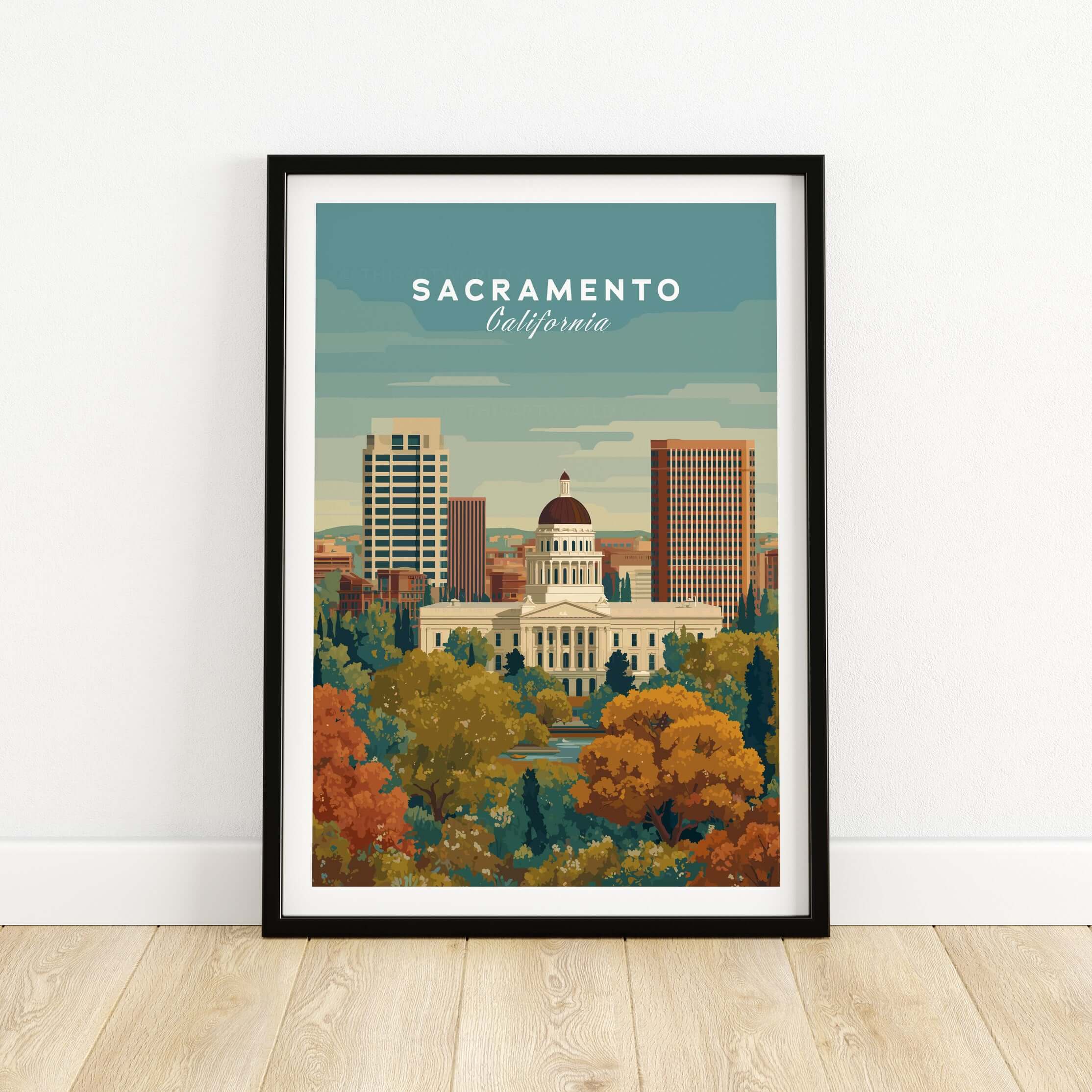 Sacramento California Skyline & Capitol Print - Urban Landscape Wall Art showcasing the city's iconic buildings and vibrant surroundings.