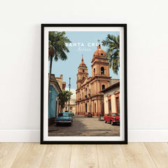 Santa Cruz South America Print | Bolivian Urban Wall Decor featuring cityscape with palm trees and vintage cars.
