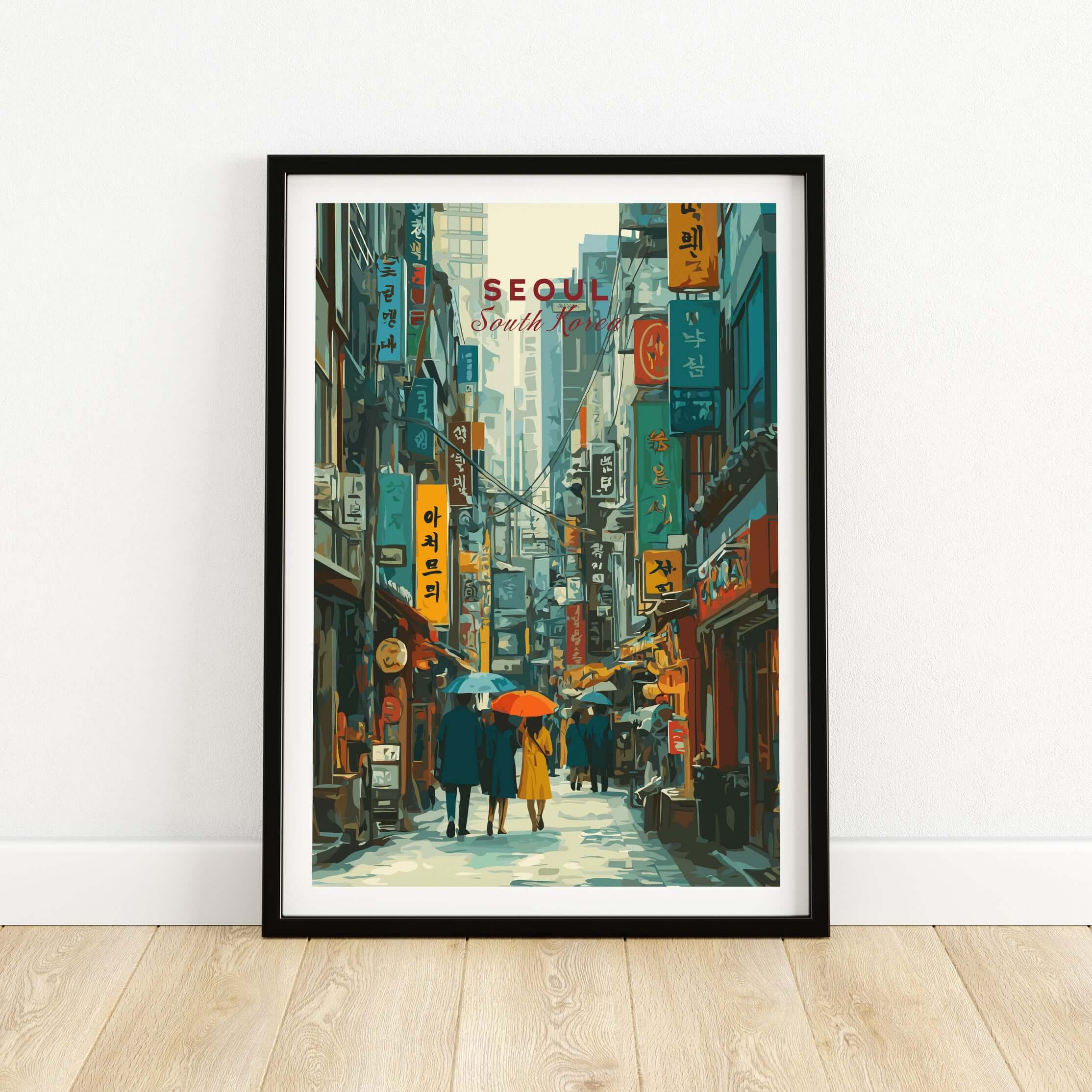 Seoul Print South Korea Busy Street - Urban Cityscape Wall Art showcasing vibrant street scene with umbrellas.