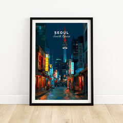 Seoul South Korea Poster N Seoul Tower Print showcasing vibrant street life and city lights.